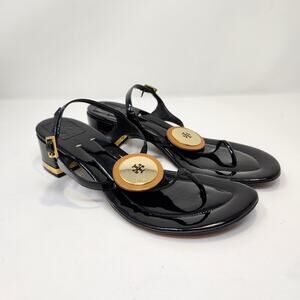 Tory Burch Black Patent Leather T Strap Thong Heel Sandal Women Size 10.5 M Shoe